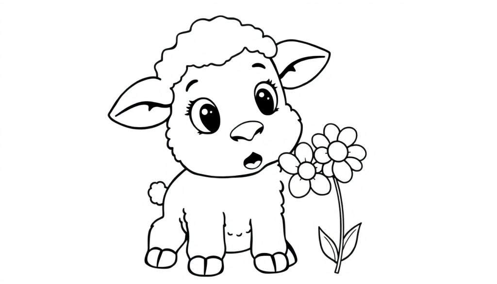 Disegno da colorare di un simpatico agnellino con occhi grandi e pelo riccio, seduto e curioso di fronte a un grande fiore bianco.