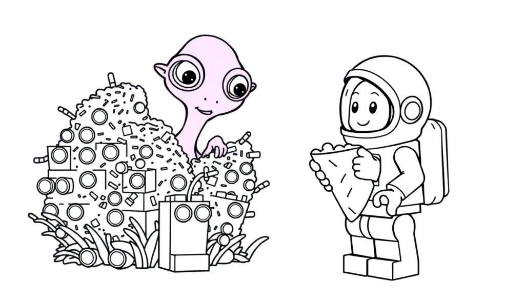 Disegno da colorare di un alieno rosa felice dietro pezzi di LEGO e un astronauta LEGO con cibo a forma di triangolo, sfondo bianco.