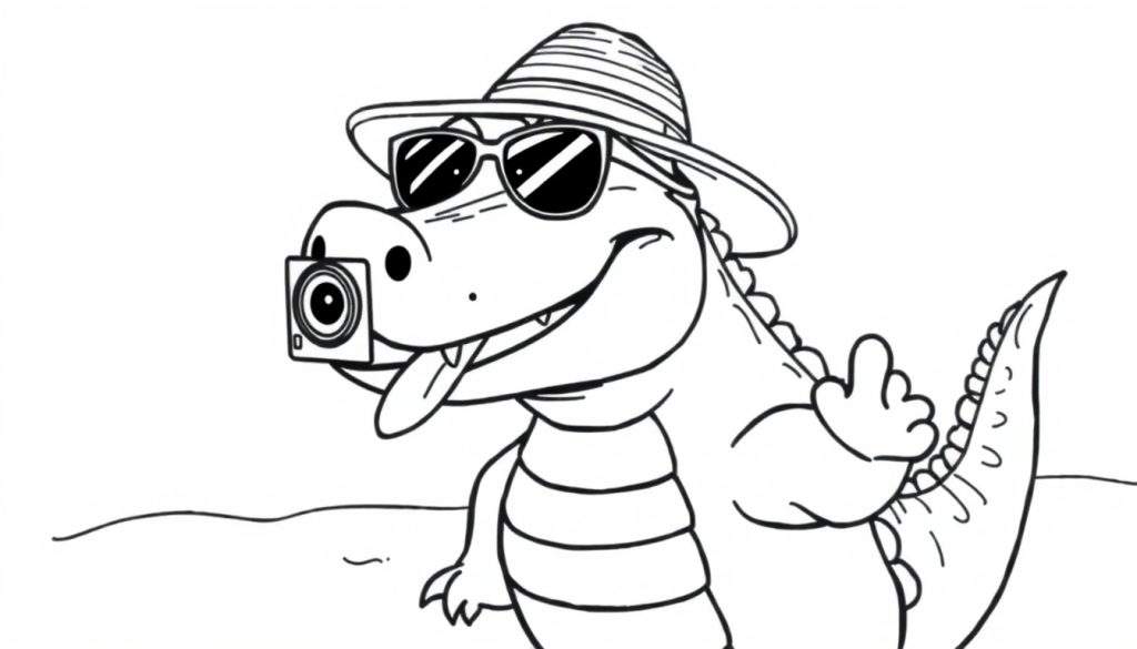 Disegno da colorare di un alligatore cartone animato con cappello, occhiali da sole, macchina fotografica e lingua fuori, su una spiaggia.