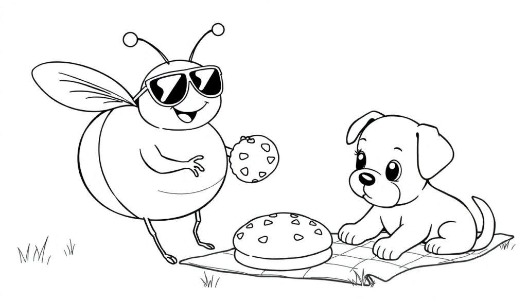Disegno da colorare di un'ape con occhiali da sole che mangia un biscotto e un cucciolo di cane su una coperta da picnic con un altro biscotto.