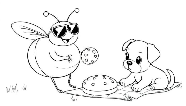 Disegno da colorare di un'ape con occhiali da sole che mangia un biscotto e un cucciolo di cane su una coperta da picnic con un altro biscotto.