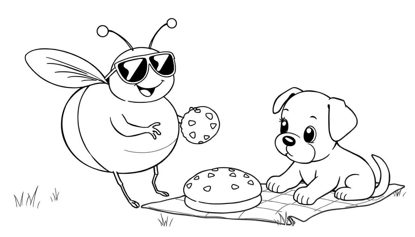 Disegno da colorare di un'ape con occhiali da sole che mangia un biscotto e un cucciolo di cane su una coperta da picnic con un altro biscotto.