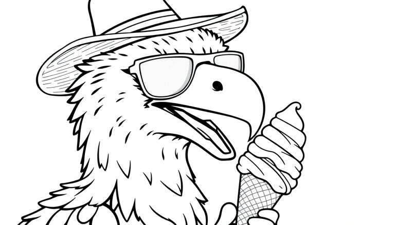 Disegno al tratto di un'aquila con cappello da cowboy, occhiali da sole e un gelato, pronta per essere colorata.