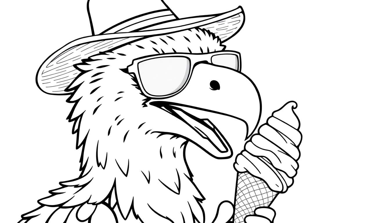 Disegno al tratto di un'aquila con cappello da cowboy, occhiali da sole e un gelato, pronta per essere colorata.