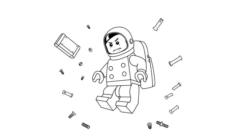 Disegno da colorare: un astronauta LEGO arrabbiato fluttua nello spazio con viti, dadi e parti di astronave.