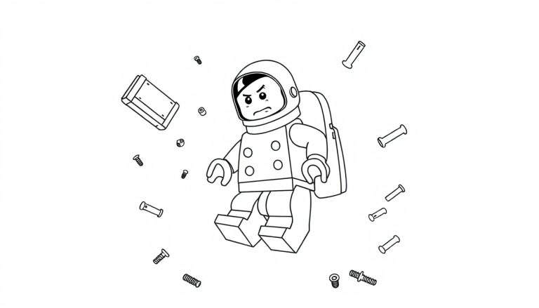 Disegno da colorare: un astronauta LEGO arrabbiato fluttua nello spazio con viti, dadi e parti di astronave.