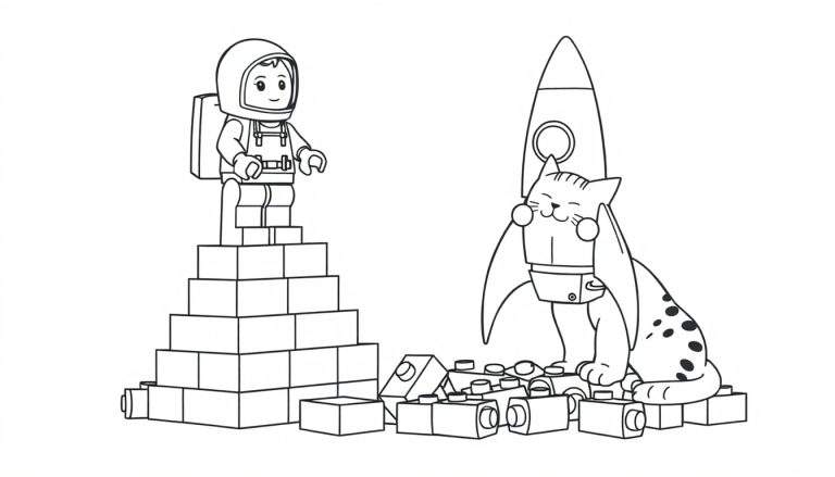 Disegno da colorare di un astronauta LEGO su una piramide di mattoncini con un gatto a pois vicino a un razzo.