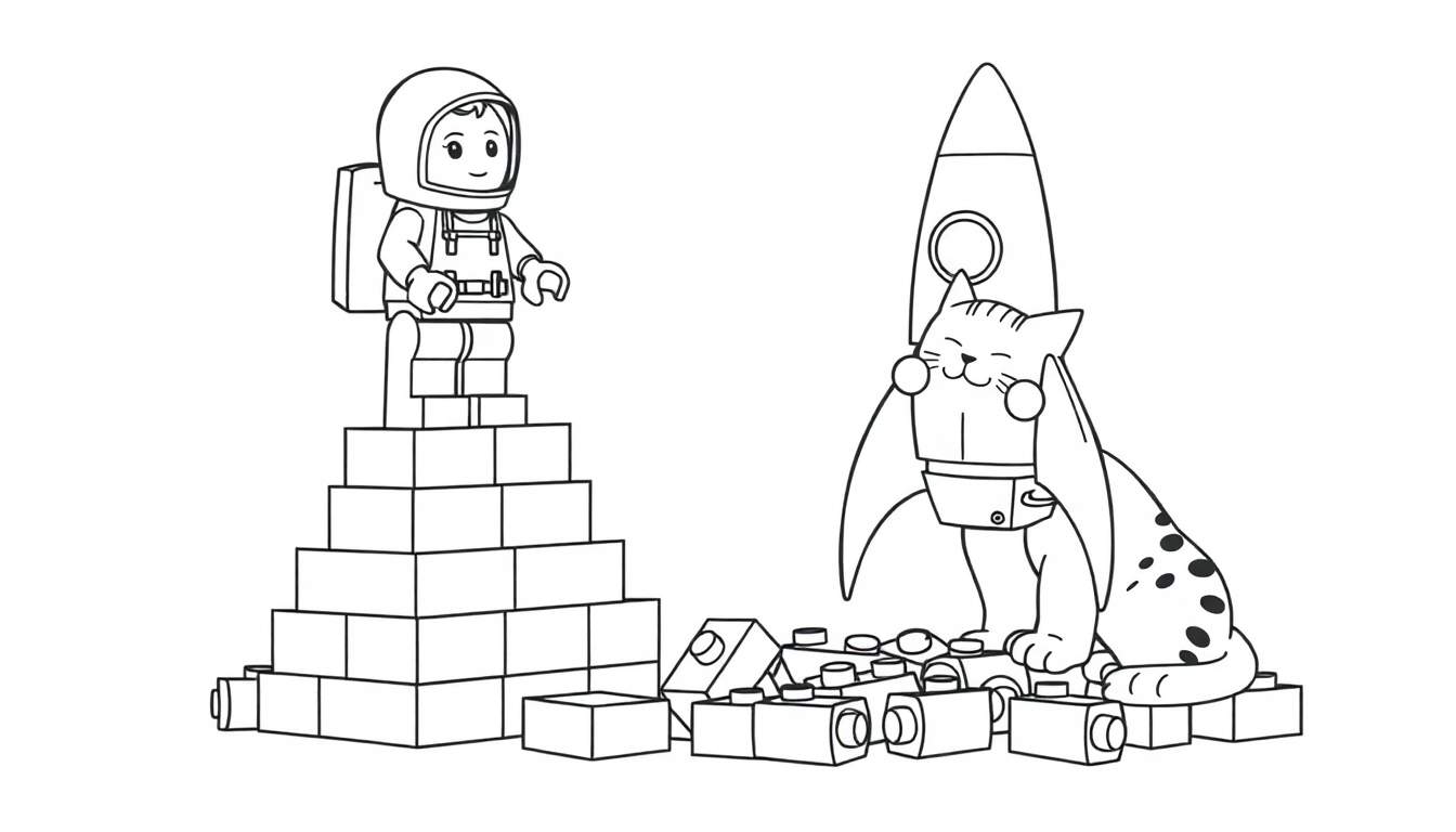 Disegno da colorare di un astronauta LEGO su una piramide di mattoncini con un gatto a pois vicino a un razzo.