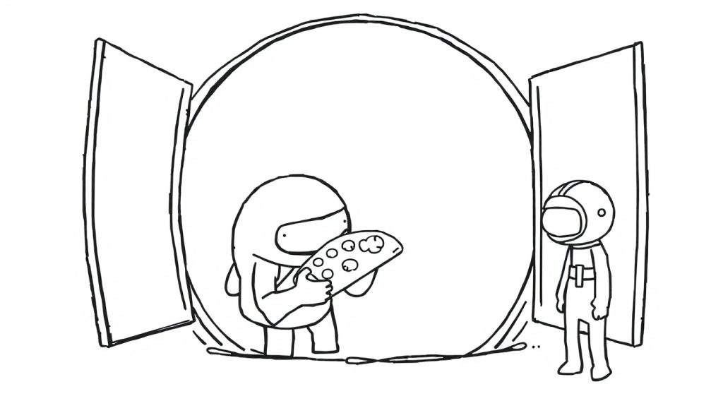 Disegno da colorare di due astronauti stilizzati in tute spaziali, uno a sinistra che tiene una tavolozza, entrambi racchiusi in una grande bolla circolare con due rettangoli ai lati.