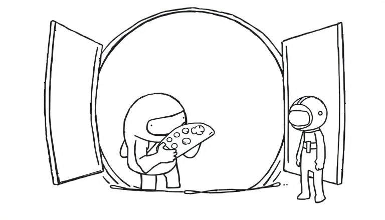 Disegno da colorare di due astronauti stilizzati in tute spaziali, uno a sinistra che tiene una tavolozza, entrambi racchiusi in una grande bolla circolare con due rettangoli ai lati.