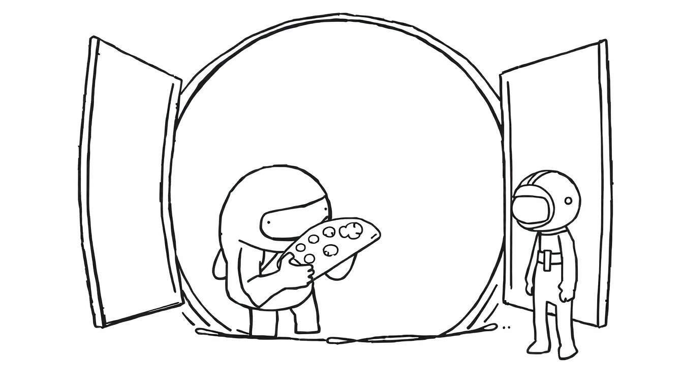 Disegno da colorare di due astronauti stilizzati in tute spaziali, uno a sinistra che tiene una tavolozza, entrambi racchiusi in una grande bolla circolare con due rettangoli ai lati.