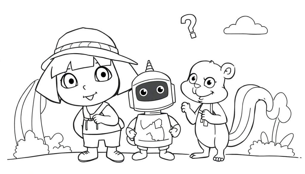 Disegno da colorare di una bambina esploratrice, un robot e uno scoiattolo in un paesaggio esterno.