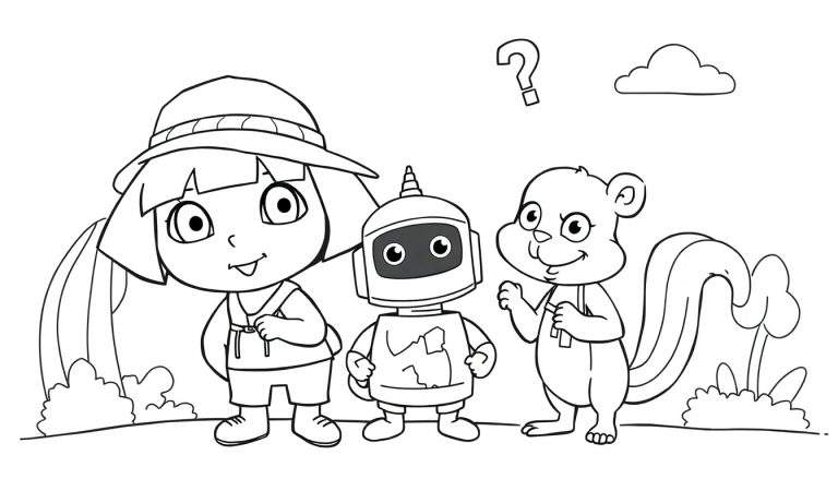 Disegno da colorare di una bambina esploratrice, un robot e uno scoiattolo in un paesaggio esterno.