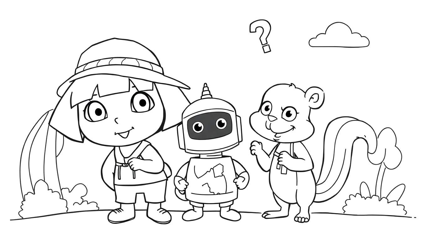 Disegno da colorare di una bambina esploratrice, un robot e uno scoiattolo in un paesaggio esterno.