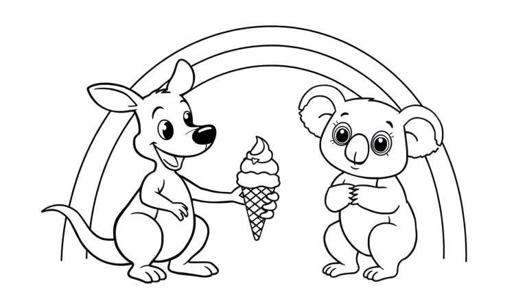 Disegno in bianco e nero di un canguro che offre un cono gelato a un koala con un arcobaleno sullo sfondo.