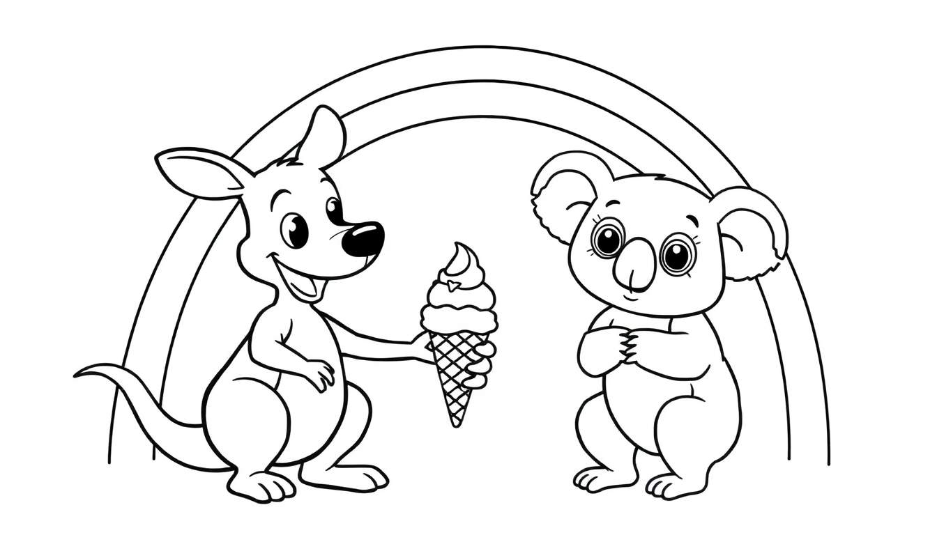 Disegno in bianco e nero di un canguro che offre un cono gelato a un koala con un arcobaleno sullo sfondo.