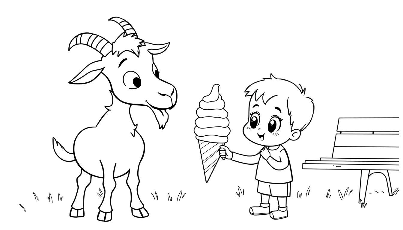 Disegno da colorare di una capra con barba e corna curve e un bambino felice con un cono gelato, seduti vicino a una panchina.