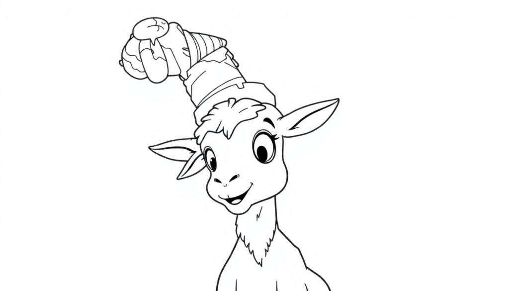 Disegno da colorare di una capra felice con un cappello da cono gelato.