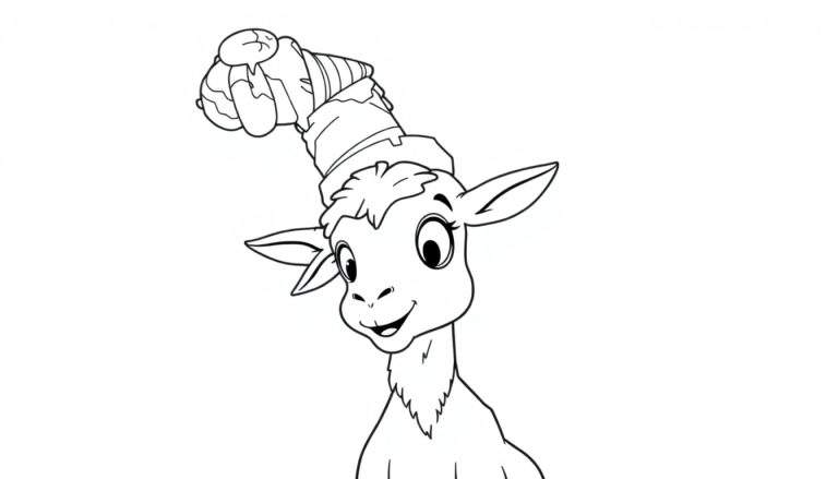 Disegno da colorare di una capra felice con un cappello da cono gelato.