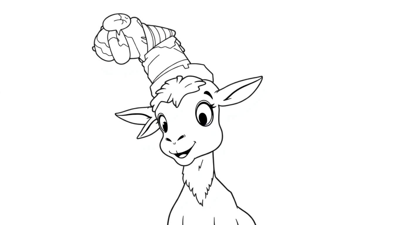 Disegno da colorare di una capra felice con un cappello da cono gelato.