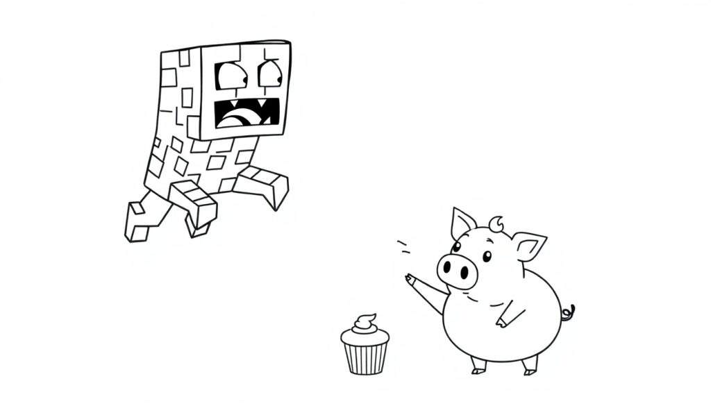 Disegno stilizzato da colorare di un Creeper di Minecraft con bocca spalancata e occhi spaventati, di fronte a un maialino carino con un ricciolo sulla testa e un braccio alzato. Tra loro c'è un cupcake. Sfondo bianco.