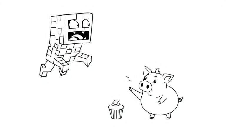 Disegno stilizzato da colorare di un Creeper di Minecraft con bocca spalancata e occhi spaventati, di fronte a un maialino carino con un ricciolo sulla testa e un braccio alzato. Tra loro c'è un cupcake. Sfondo bianco.