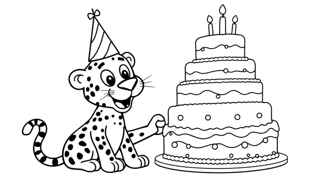 Disegno da colorare di un cucciolo di leopardo con cappello da festa e torta di compleanno.