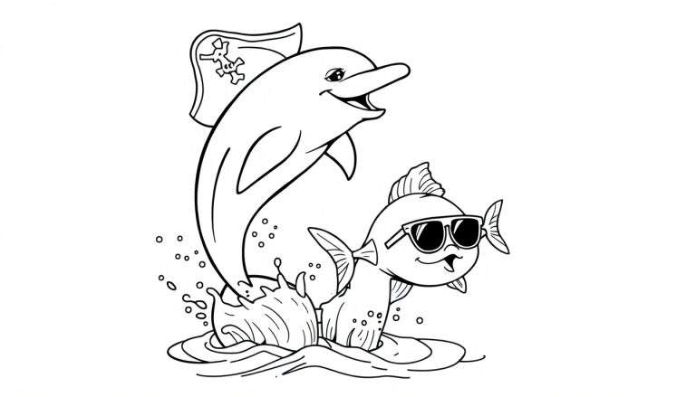Disegno al tratto di un delfino con cappello da pirata che salta dall'acqua, con un pesce con occhiali da sole sotto di lui.