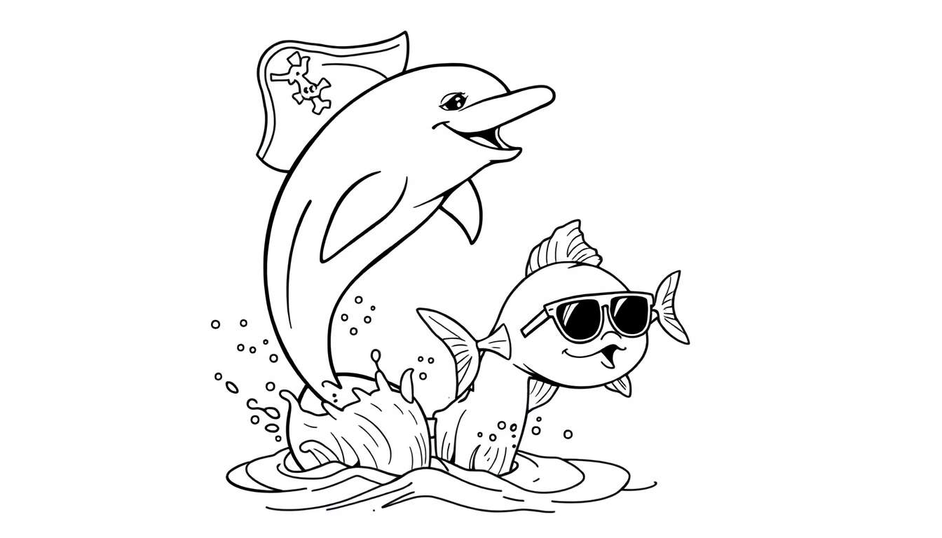 Disegno al tratto di un delfino con cappello da pirata che salta dall'acqua, con un pesce con occhiali da sole sotto di lui.