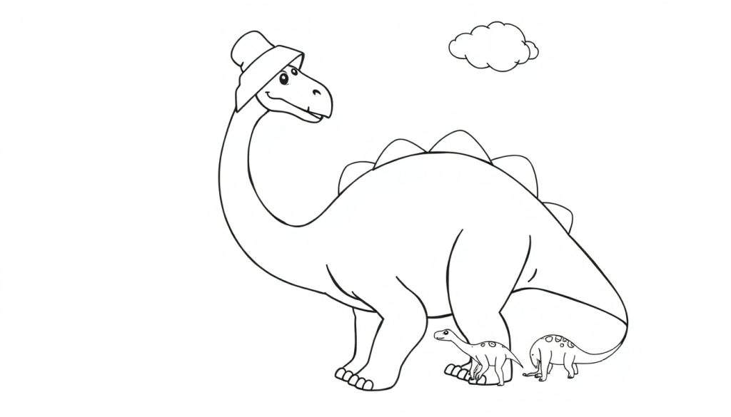 Disegno da colorare di tre dinosauri, uno grande con cappello e due piccoli, con una nuvola.