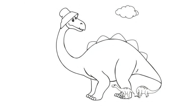 Disegno da colorare di tre dinosauri, uno grande con cappello e due piccoli, con una nuvola.