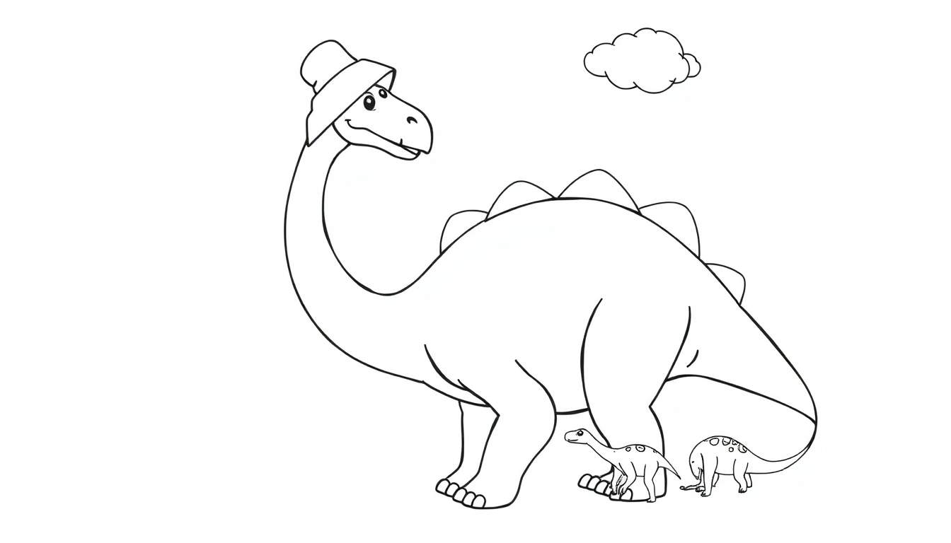 Disegno da colorare di tre dinosauri, uno grande con cappello e due piccoli, con una nuvola.