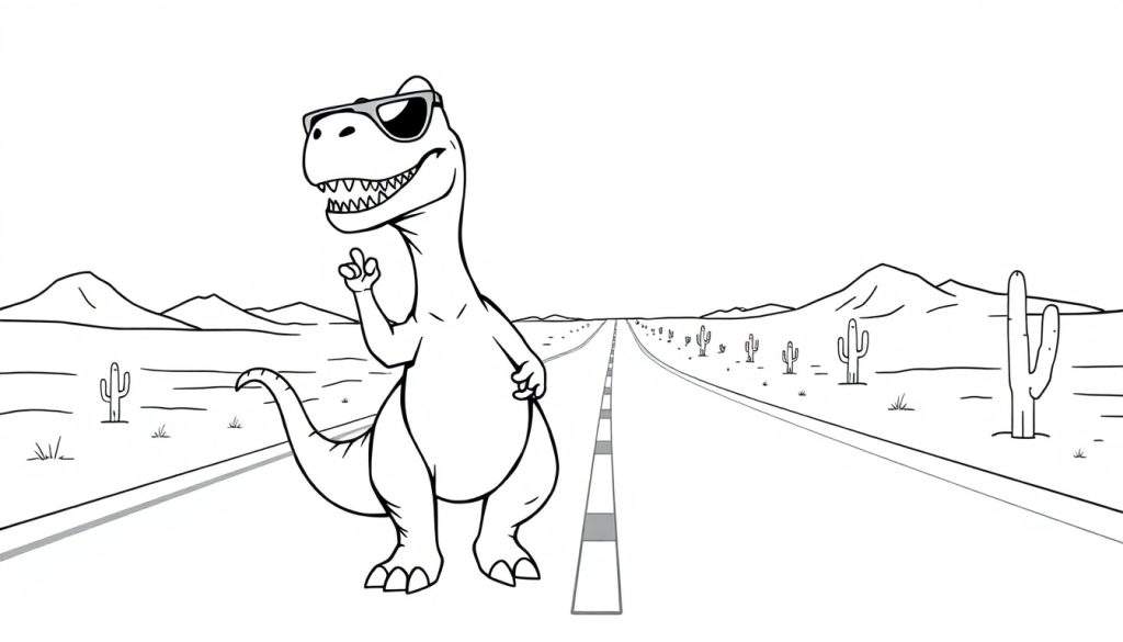 Disegno a contorno di un dinosauro amichevole con occhiali da sole che saluta su una strada desertica.