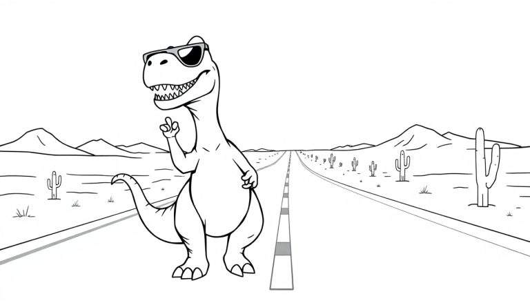 Disegno a contorno di un dinosauro amichevole con occhiali da sole che saluta su una strada desertica.