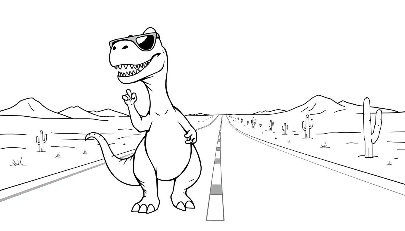 Disegno a contorno di un dinosauro amichevole con occhiali da sole che saluta su una strada desertica.