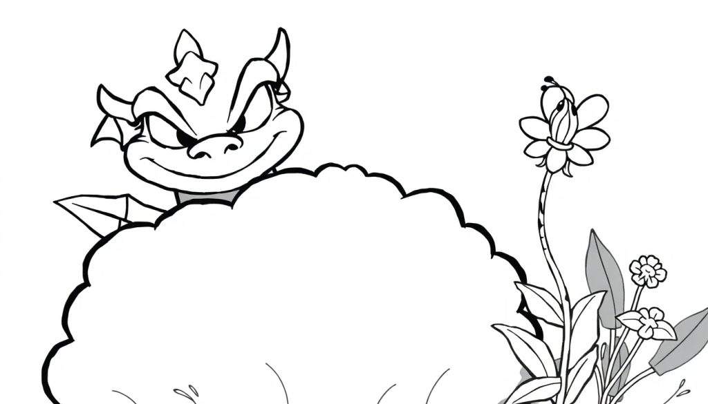 Disegno da colorare di un draghetto simpatico che sbuca da una nuvola, con un fiore e un insetto.