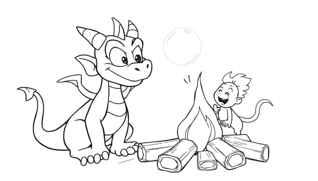 Disegno da colorare con un drago e un bambino seduti vicino a un falò, con una bolla in alto a destra.