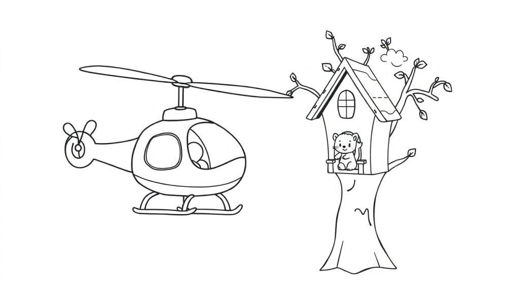 Disegno da colorare con elicottero, albero con casetta e scoiattolo su un'altalena.
