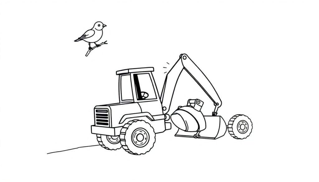 Disegno in bianco e nero di un escavatore stilizzato con un uccellino su un rametto.