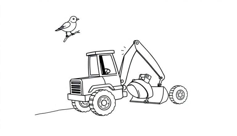 Disegno in bianco e nero di un escavatore stilizzato con un uccellino su un rametto.