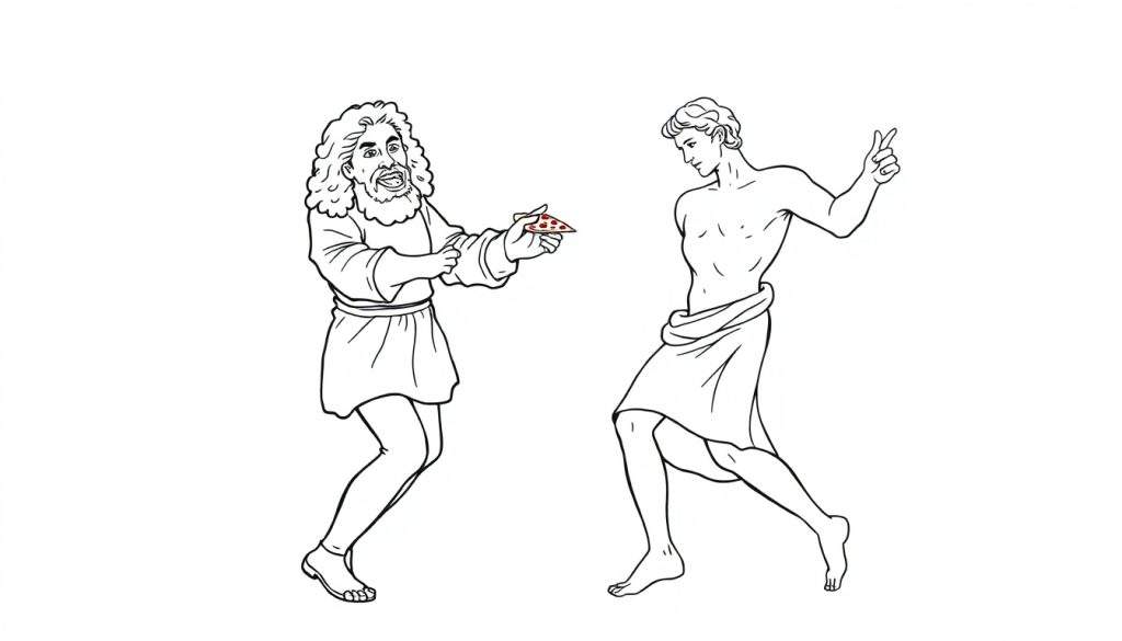 Disegno da colorare di un uomo anziano con barba e tunica che porge una fetta di pizza a un giovane uomo atletico a petto nudo con drappeggio sui fianchi.