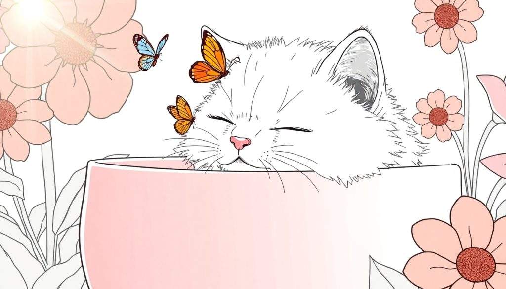 Disegno da colorare di un gatto bianco che dorme in una tazza rosa, con farfalle e fiori rosa sullo sfondo.