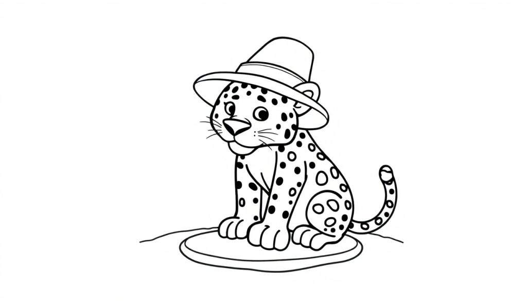 Disegno a tratto nero di un ghepardo stilizzato con cappello seduto, su sfondo bianco.