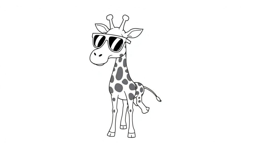 Disegno stilizzato di una giraffa che indossa occhiali da sole, pronto per essere colorato.
