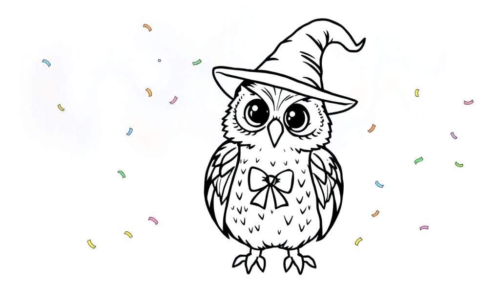 Disegno da colorare di un gufo stilizzato che indossa un cappello da strega e ha un fiocco sul petto, con coriandoli sparsi sullo sfondo.