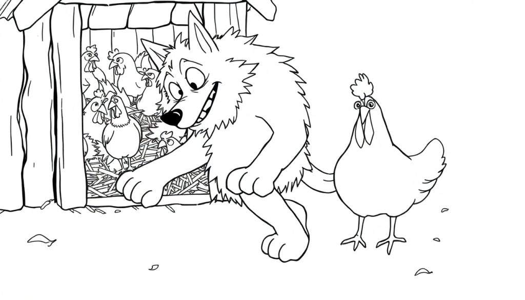 Disegno da colorare di un lupo cattivo che sorride guardando una gabbia di polli, con un pollo fuori che lo osserva.