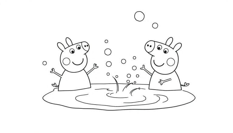 Disegno a mano in bianco e nero di due maialini bianchi e neri con cerchi rosa sulle guance e orecchie a punta, in piedi in una pozza d'acqua con le braccia alzate e circondati da bolle d'aria.