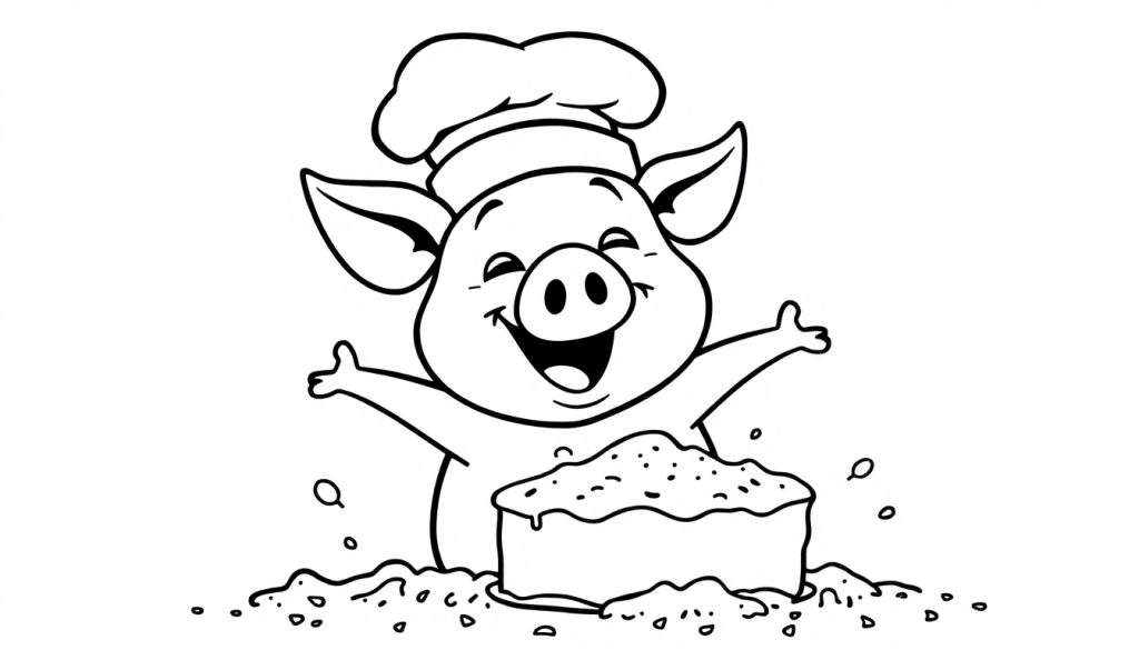 Maialino chef sorridente con cappello da cuoco, con le braccia aperte, di fronte a una montagnetta che assomiglia a una torta, in un disegno da colorare.