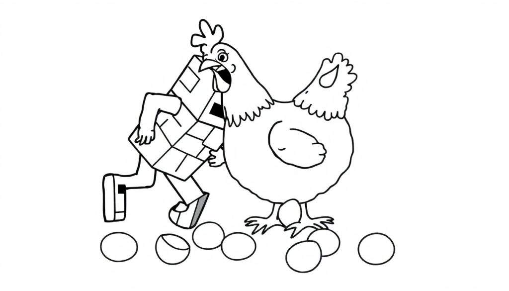 Disegno da colorare di un personaggio a forma di pacchetto di cracker che corre verso una gallina sorpresa con la bocca aperta e uova sparse sul terreno.