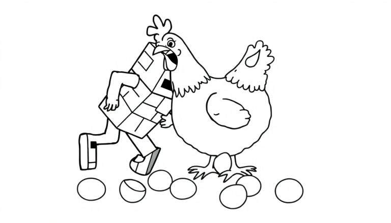 Disegno da colorare di un personaggio a forma di pacchetto di cracker che corre verso una gallina sorpresa con la bocca aperta e uova sparse sul terreno.
